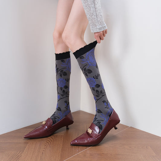 Rose Pattern Brown Vintage Calf Socks