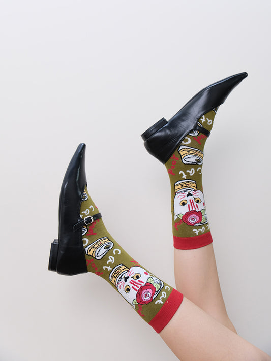 Illustrated Cat Color-block Vintage Mid-calf Socks