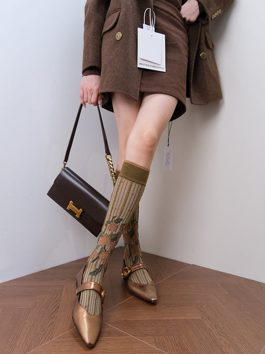 Vintage Floral Striped Calf Socks