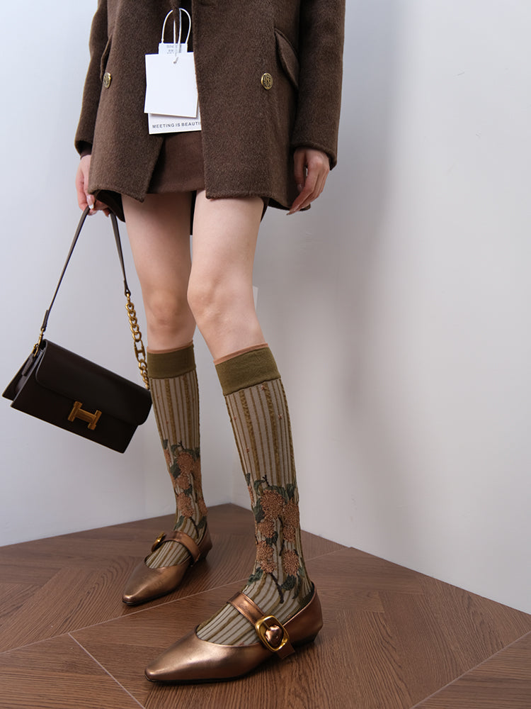 Vintage Floral Striped Calf Socks