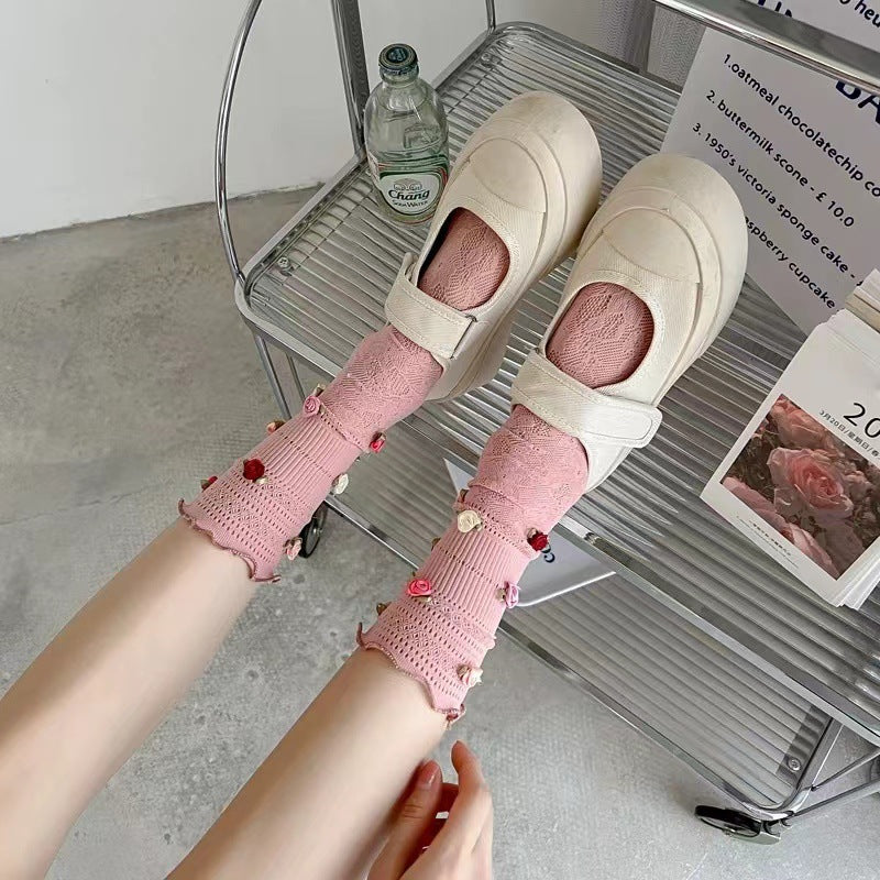 3D Rose Bud Lace Crew Socks