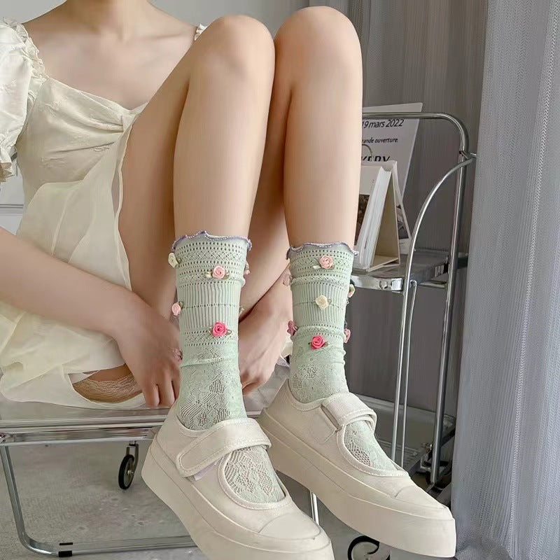 3D Rose Bud Lace Crew Socks