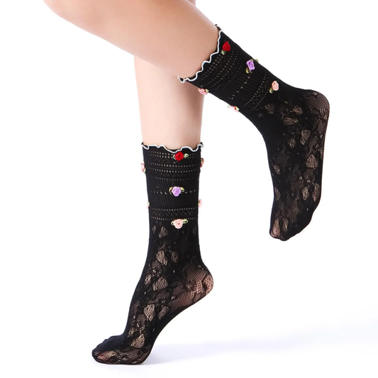 3D Rose Bud Lace Crew Socks