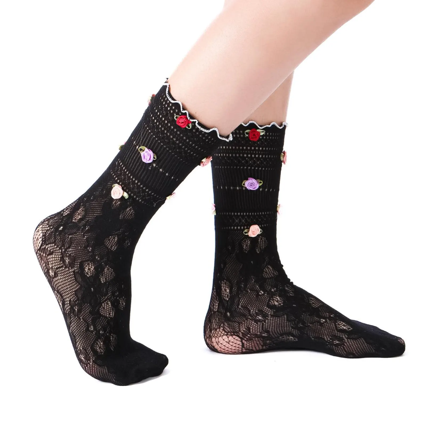 3D Rose Bud Lace Crew Socks