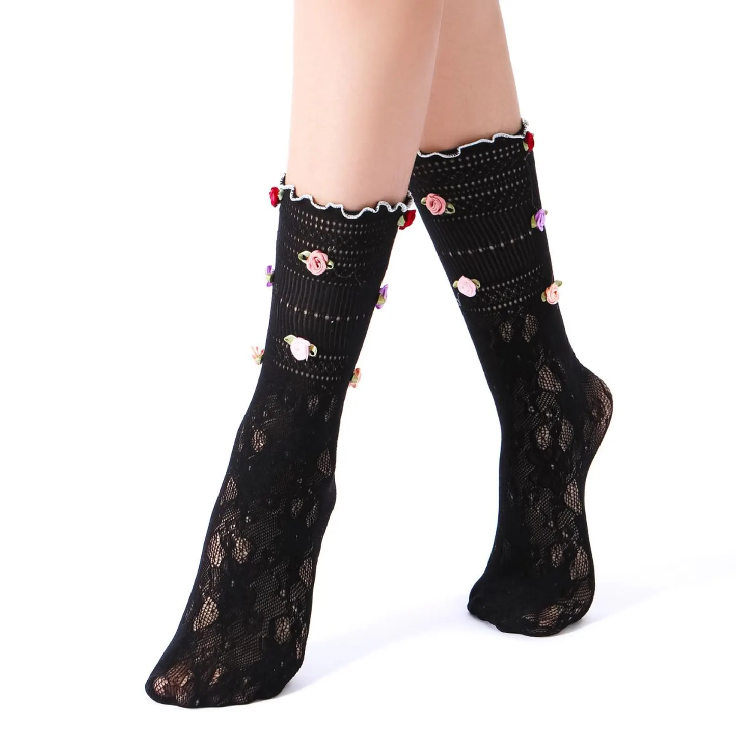 3D Rose Bud Lace Crew Socks