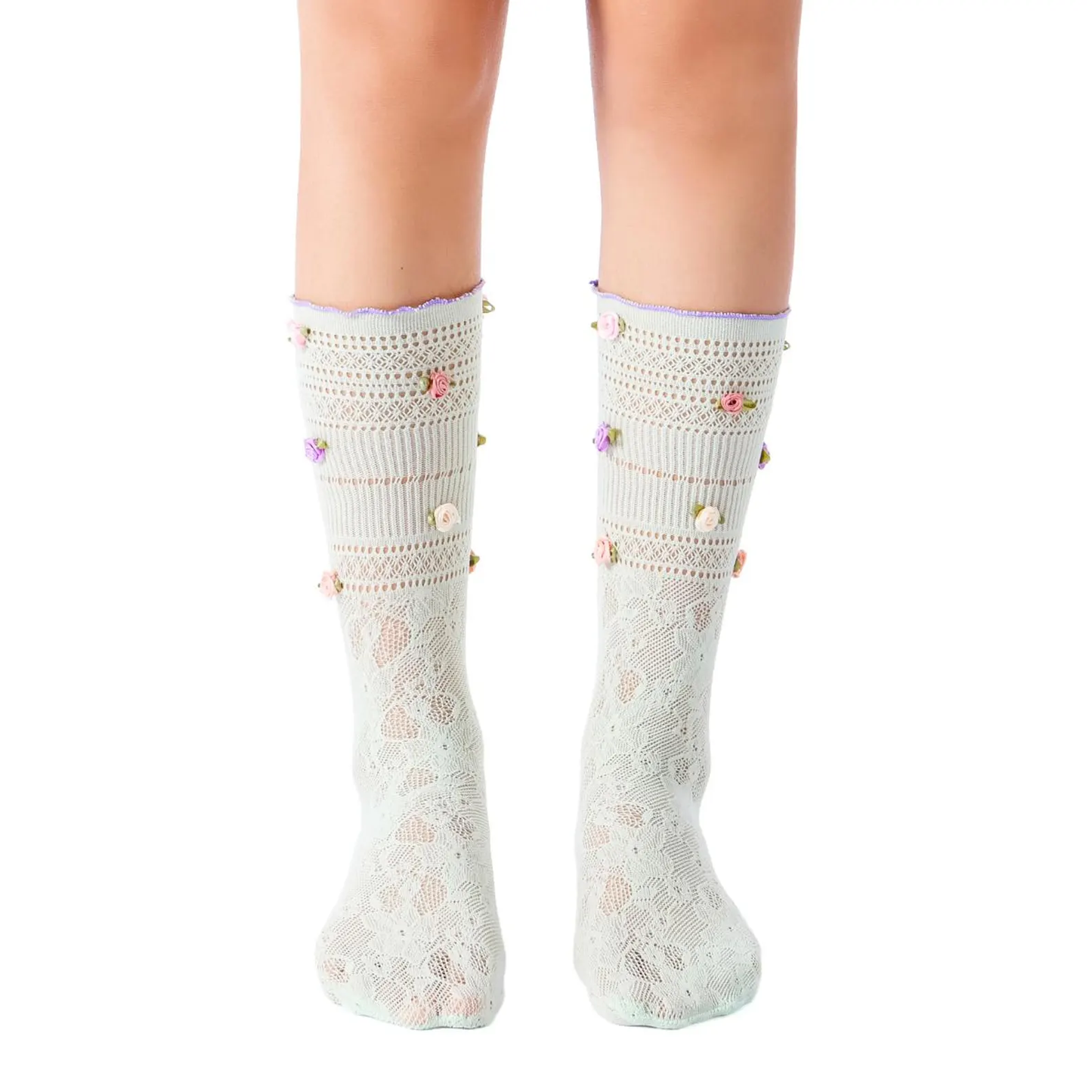 3D Rose Bud Lace Crew Socks