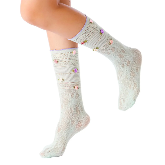 3D Rose Bud Lace Crew Socks