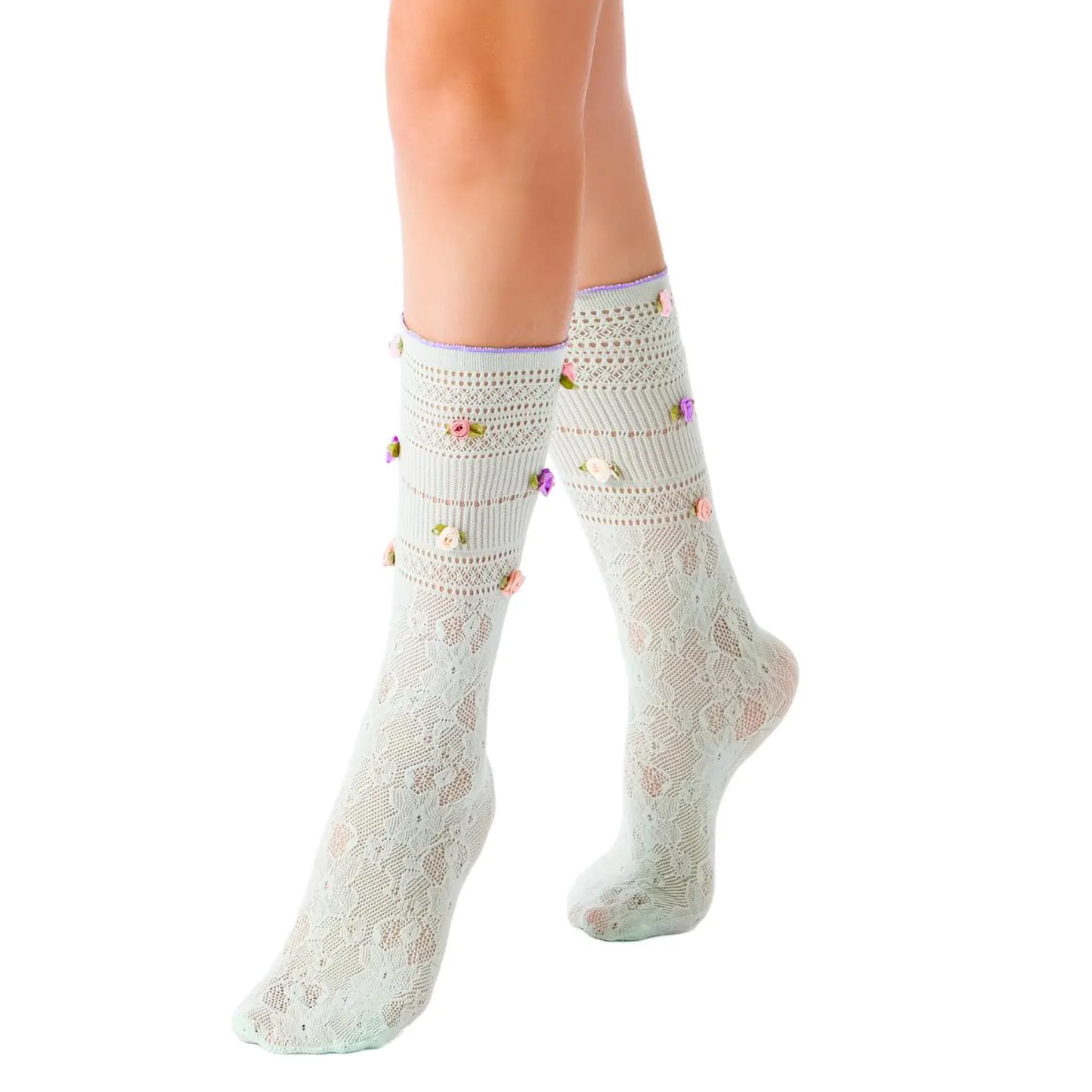 3D Rose Bud Lace Crew Socks