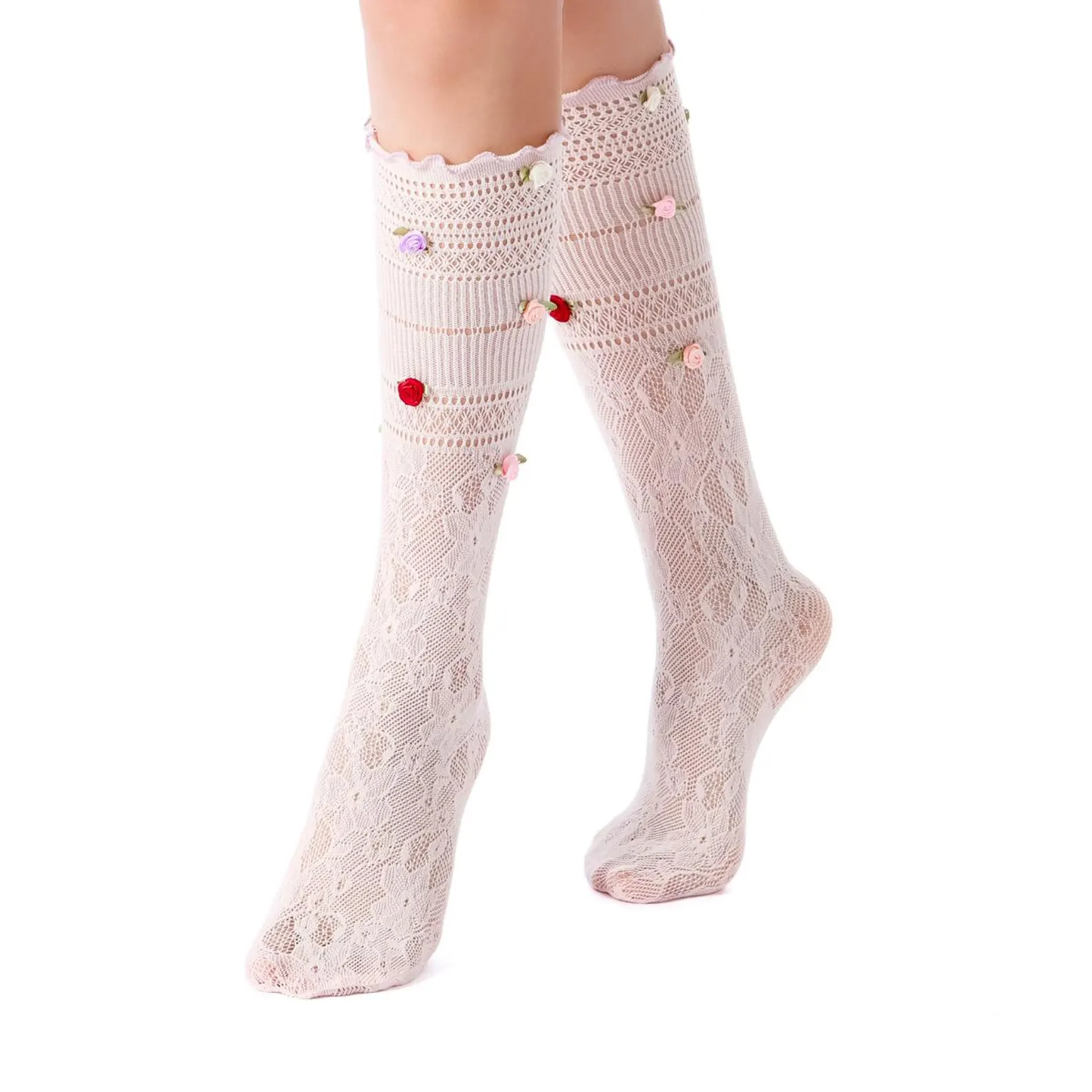 3D Rose Bud Lace Crew Socks