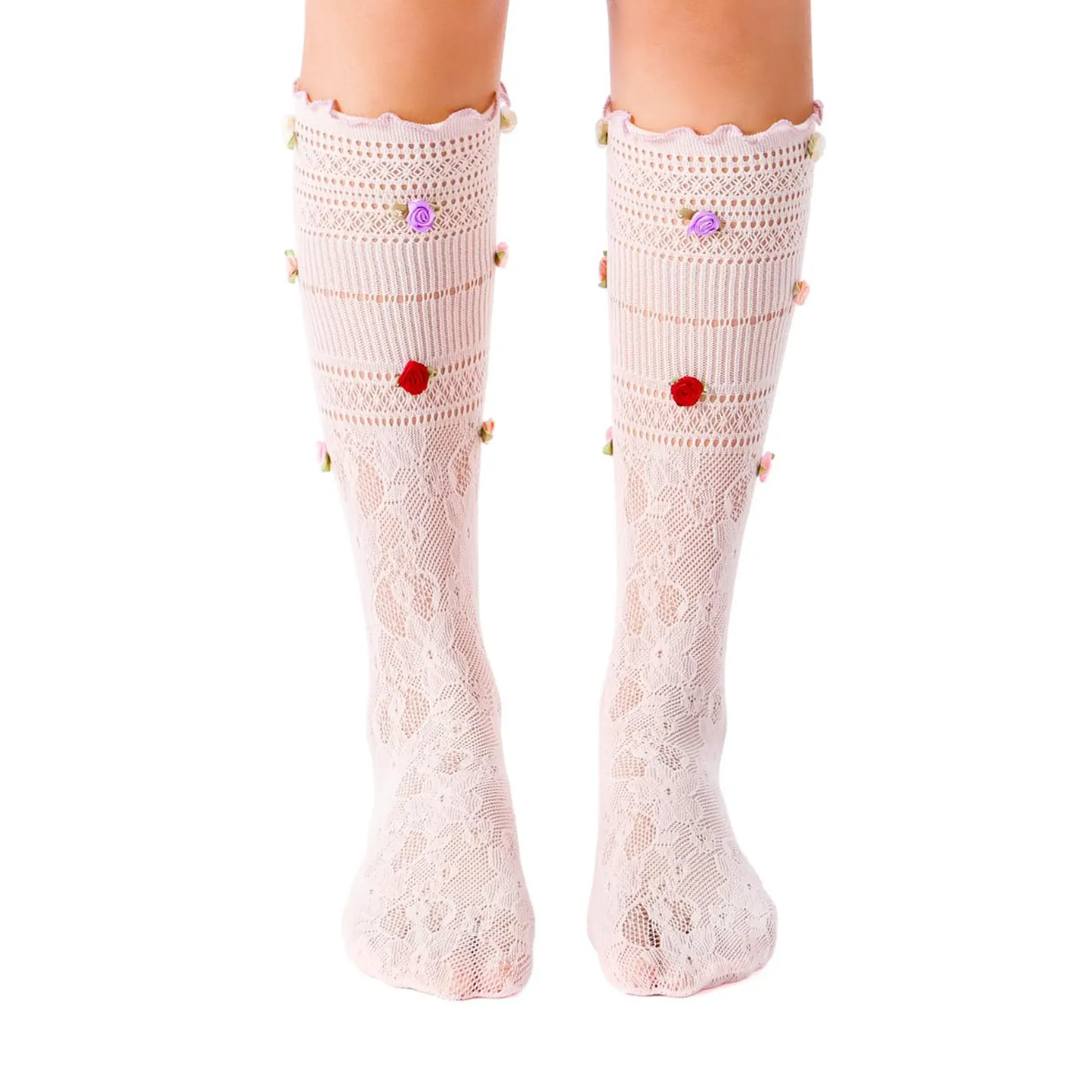 3D Rose Bud Lace Crew Socks