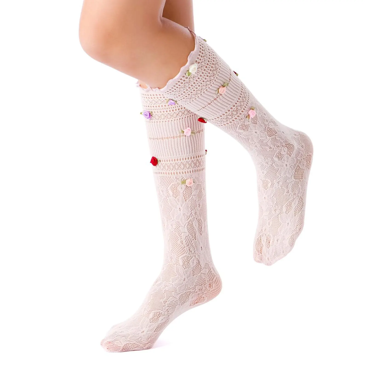 3D Rose Bud Lace Crew Socks