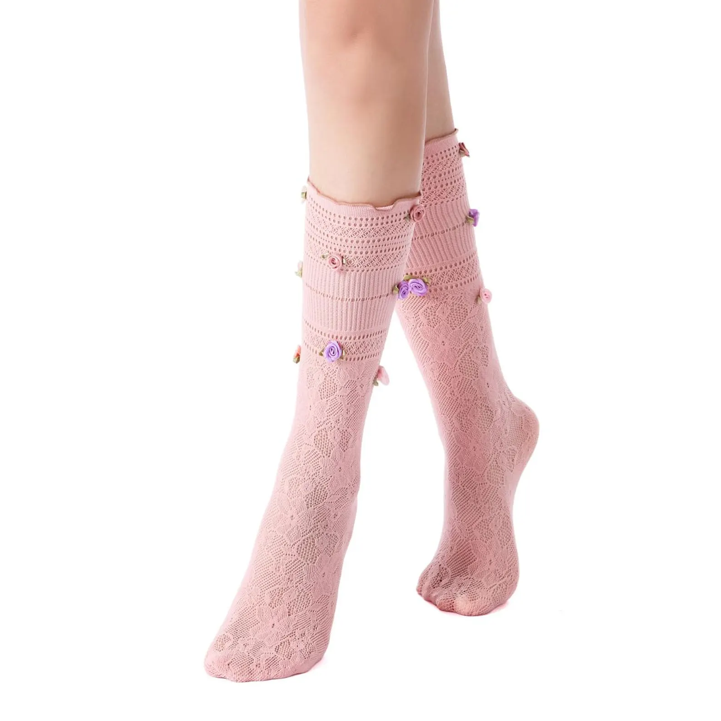 3D Rose Bud Lace Crew Socks