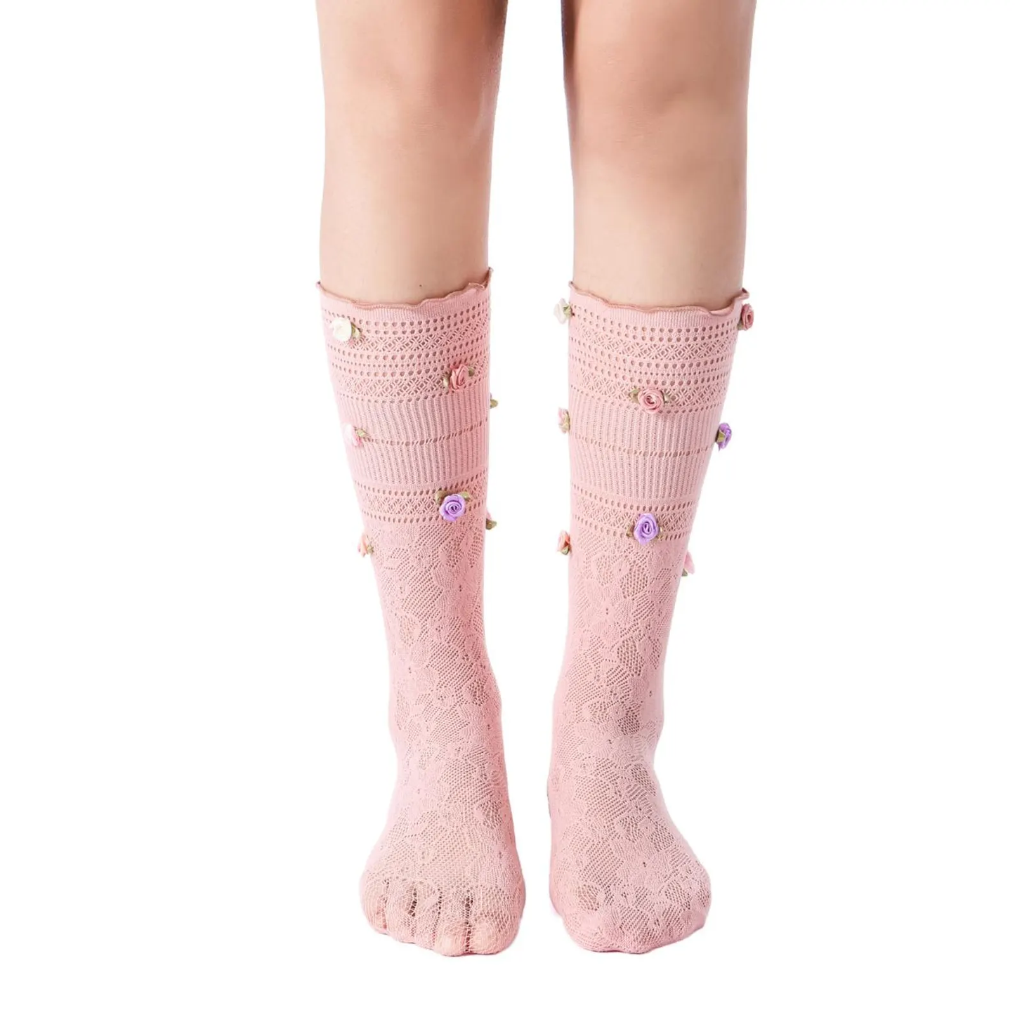 3D Rose Bud Lace Crew Socks