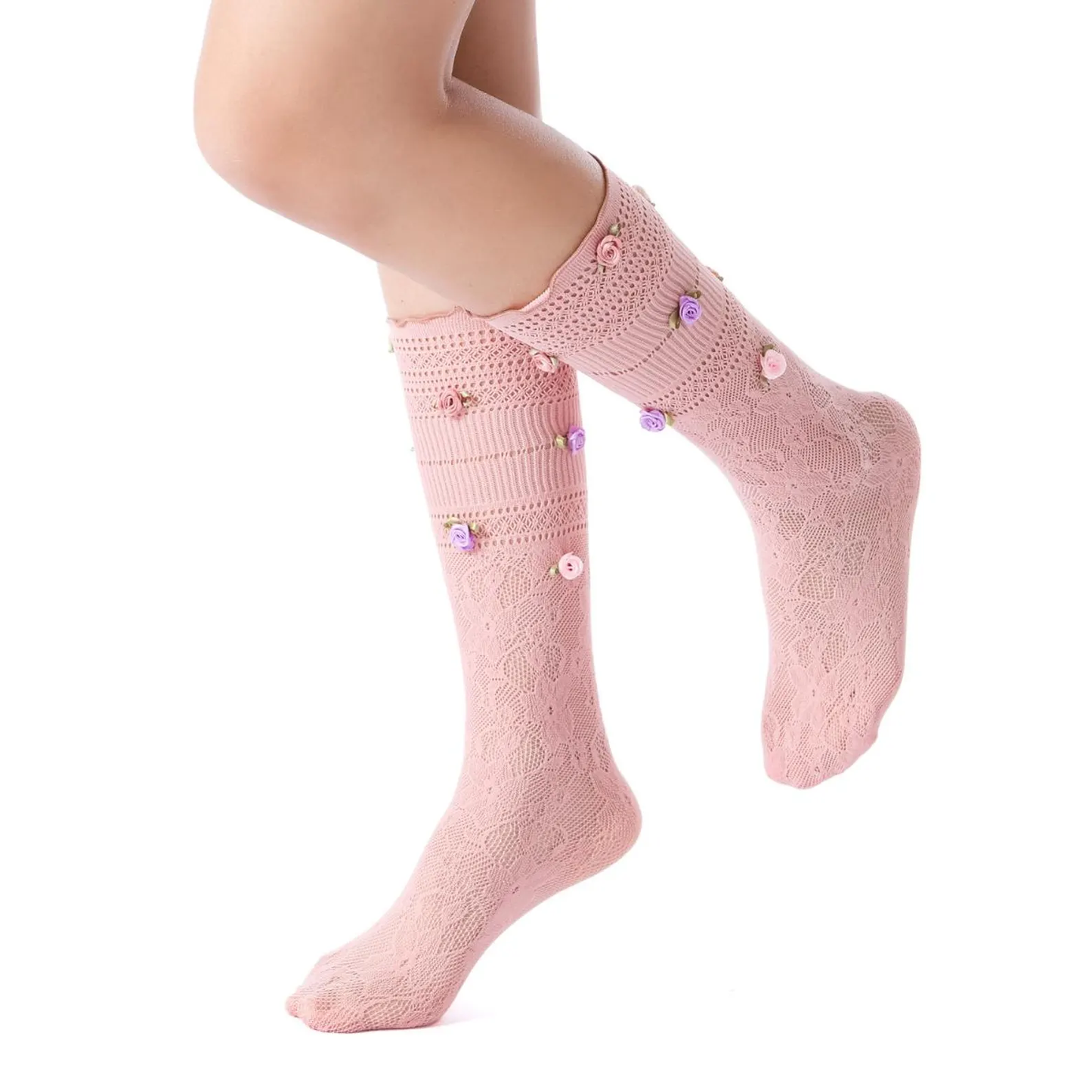 3D Rose Bud Lace Crew Socks