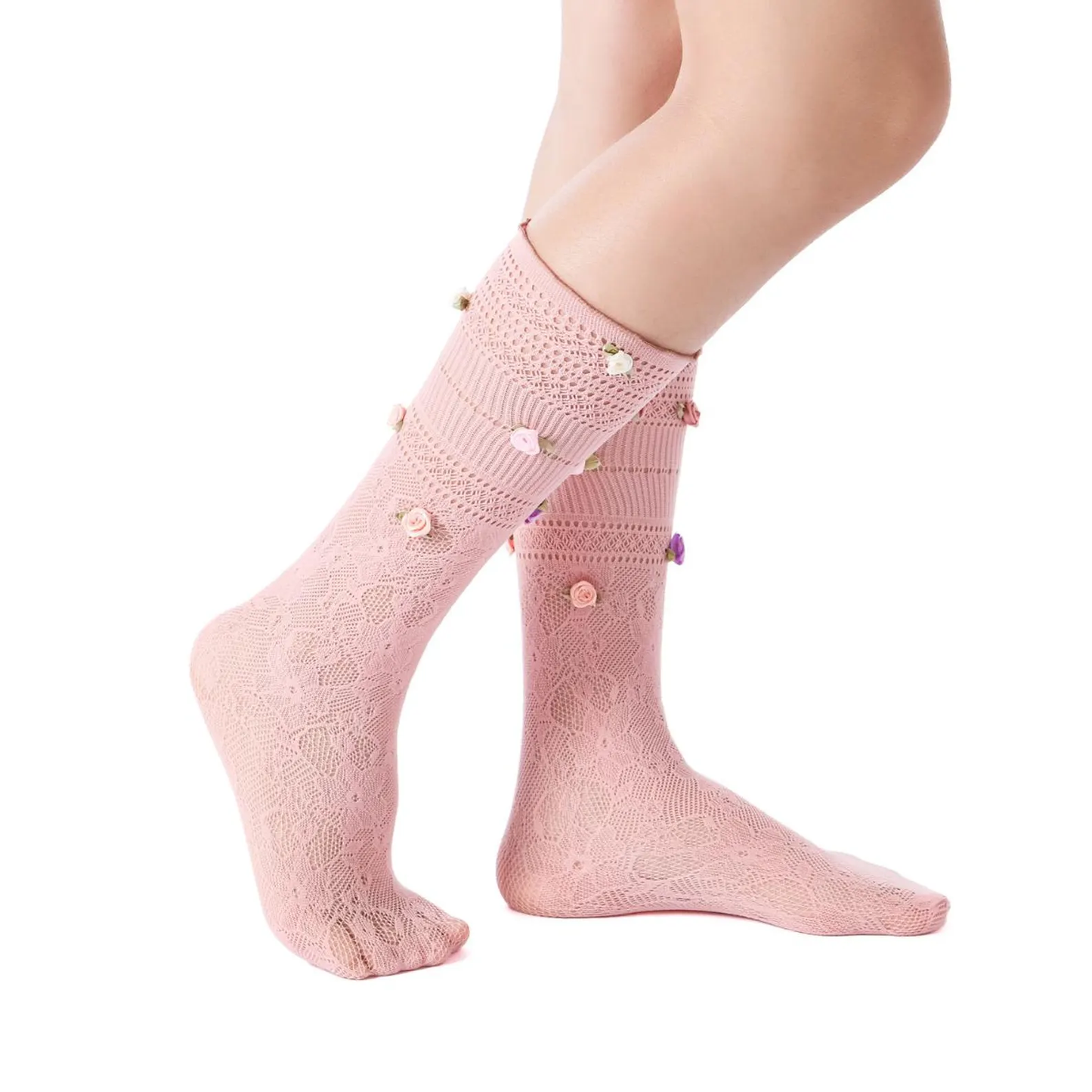 3D Rose Bud Lace Crew Socks