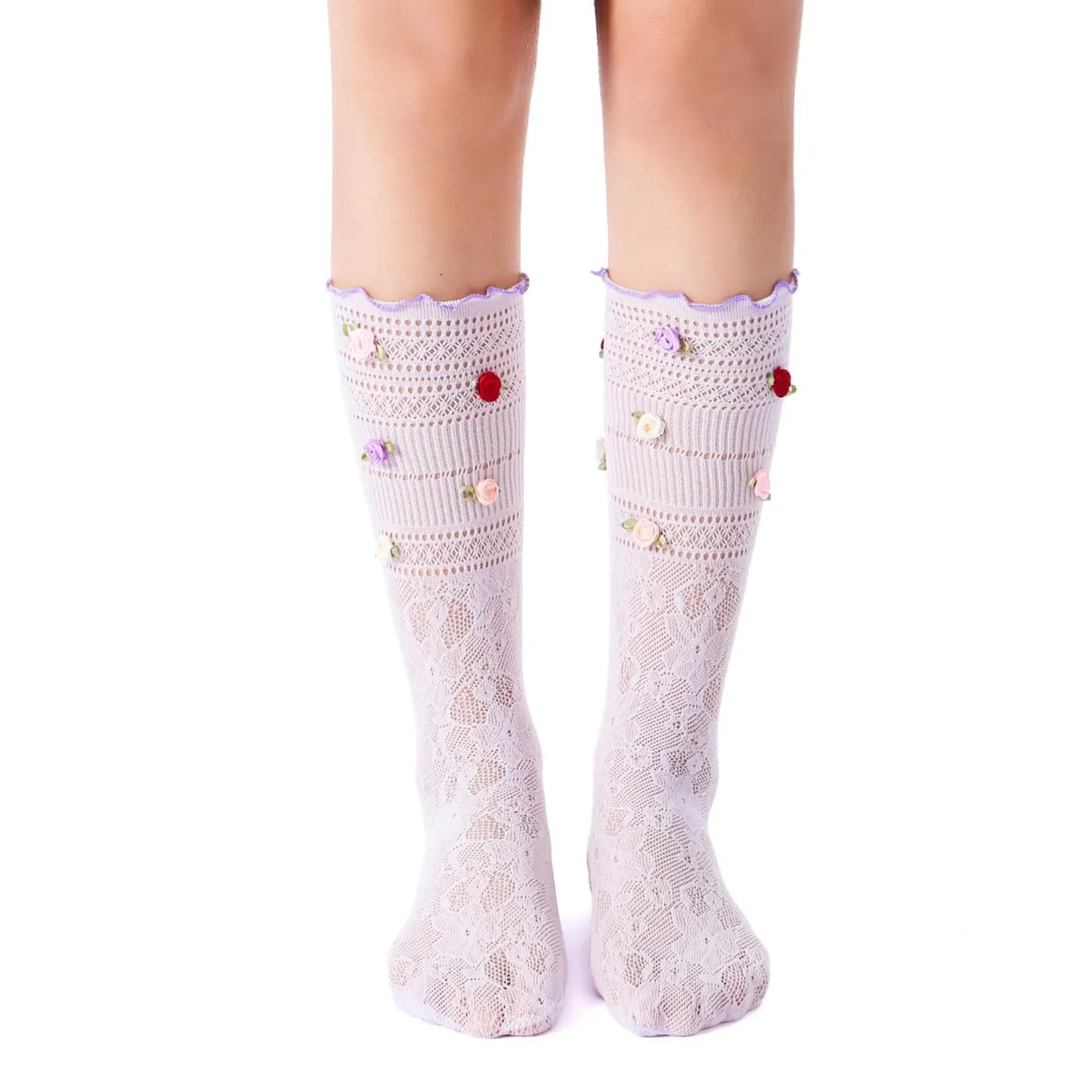 3D Rose Bud Lace Crew Socks