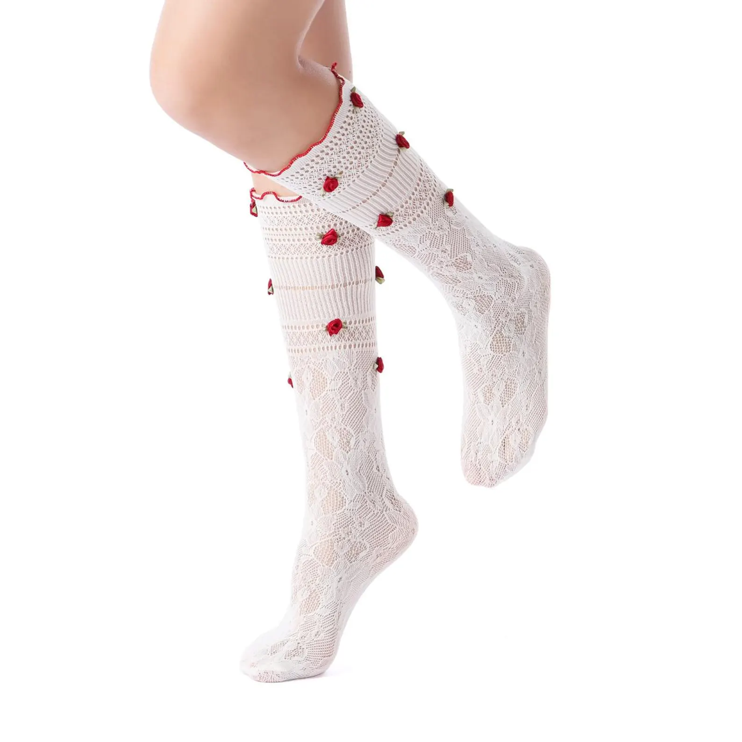 3D Rose Bud Lace Crew Socks