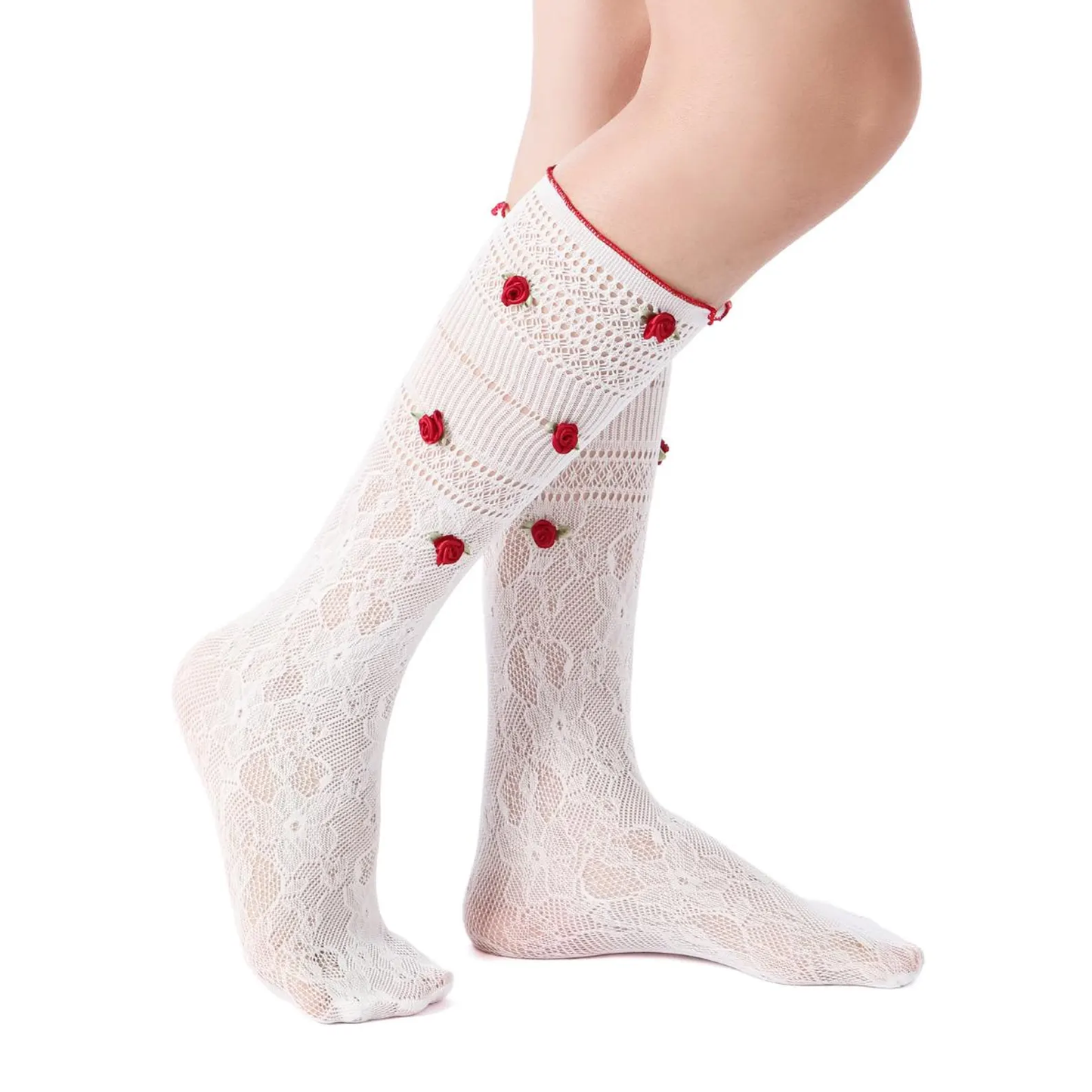 3D Rose Bud Lace Crew Socks