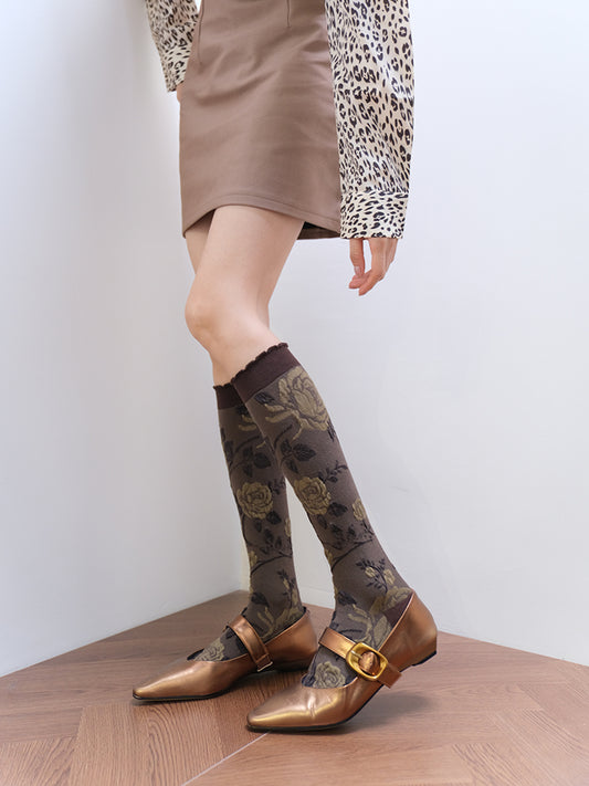 Rose Pattern Brown Vintage Calf Socks