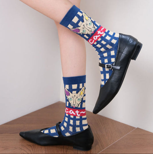 Illustrated Cat Color-block Vintage Mid-calf Socks