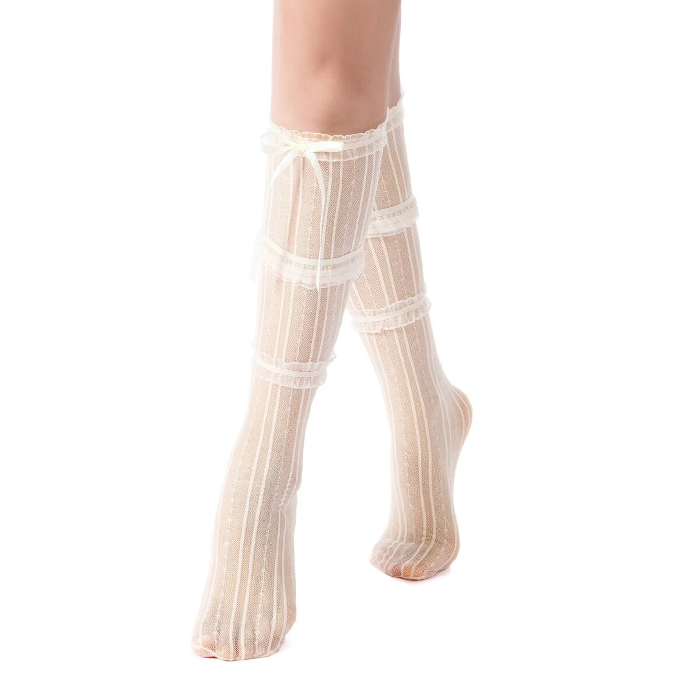 Layered Lace Knee-High Ribbon Sheer Sock