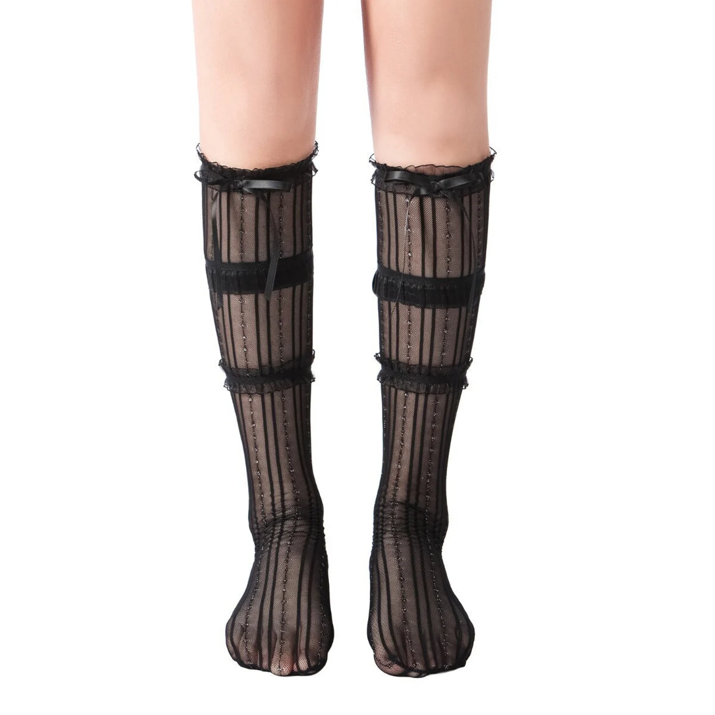 Layered Lace Knee-High Ribbon Sheer Sock