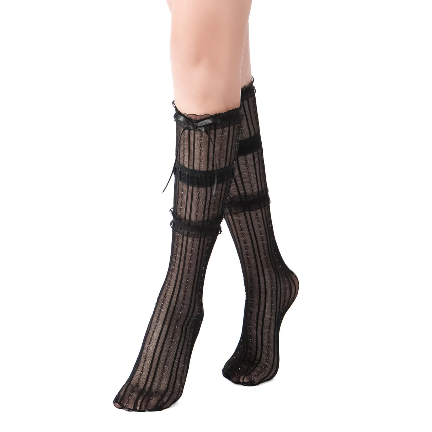 Layered Lace Knee-High Ribbon Sheer Sock